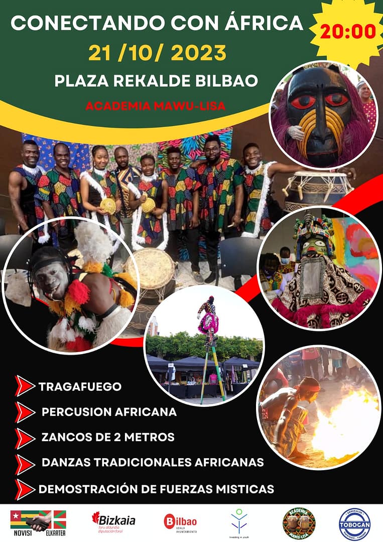 Cartel negro, amarillo y verde donde se describe las actividades del 21 de octubre: danza y magia africana